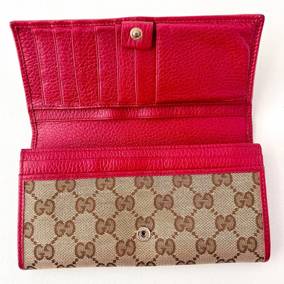 GUCCI || GG Supreme Canvas Red Leather Bifold Secretary Wallet - Picture 8 of 17